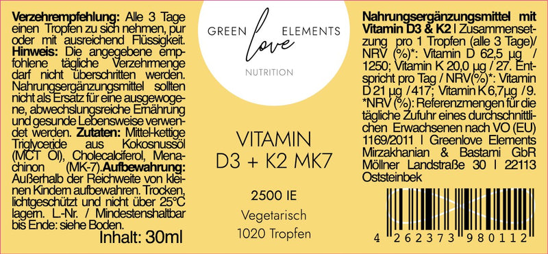Hochdosierte Vitamin D3+K2 Tropfen 2500 IE